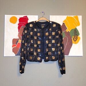 Sequin & Beaded Blazer Parisian Room Black and Gold Size M